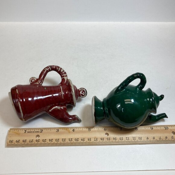 Handmade Ceramic Decorative Funky Teapots Green Maroon Signed Artisan Pottery - Picture 11 of 13
